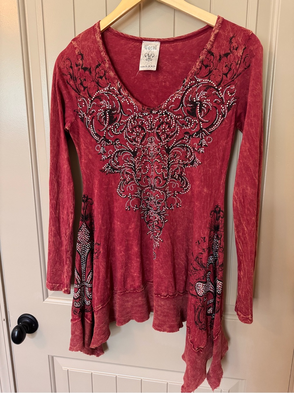 Vocal Red Embellished Long-Sleeve Tunic Top